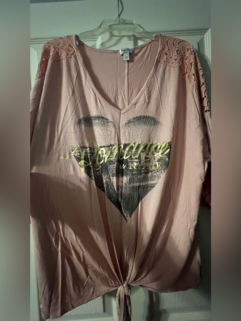 Women's Pink Lace-Sleeve V-Neck Graphic Top - Romance Print